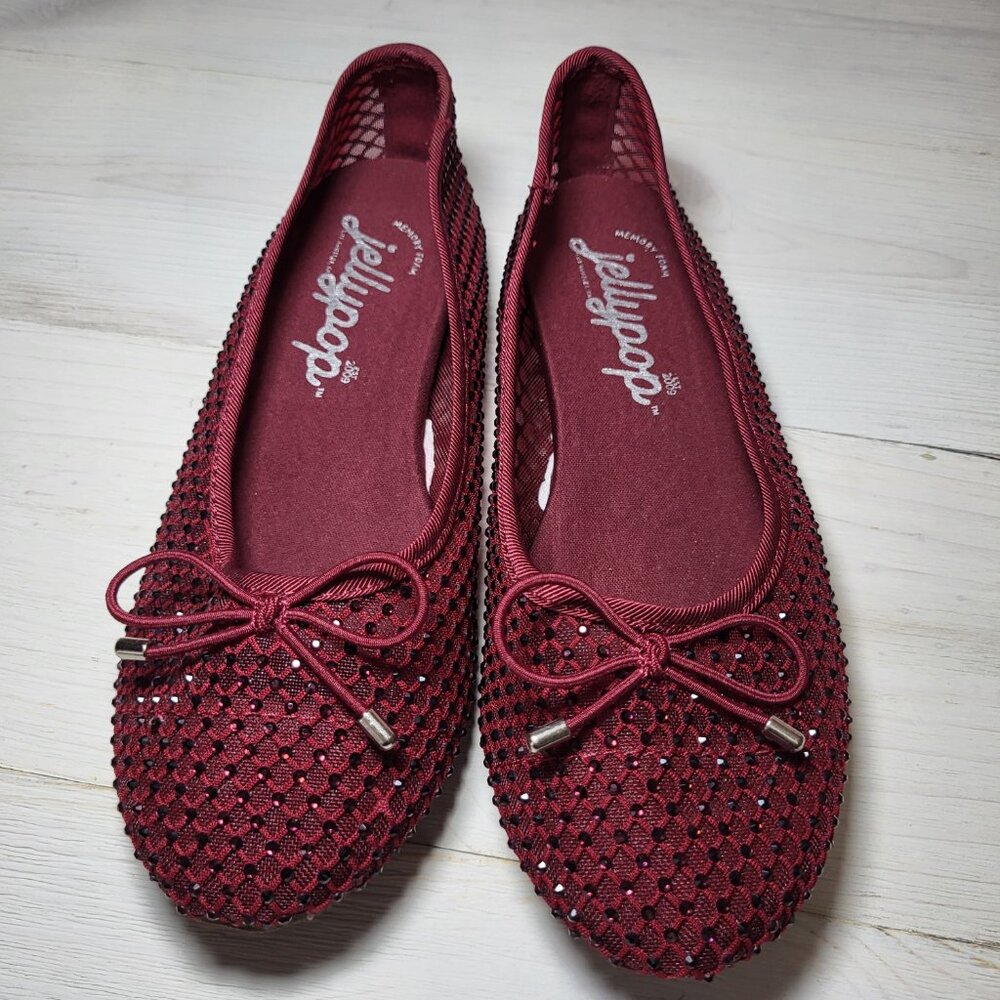 JellyPop Mesh Flats Burgundy Sparkle Bow Memory Foam Shoes